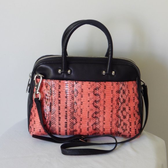 MILLY Black Lambskin Dome Coral Watersnake Panel Embellished LG Satchel Bag NWT - Picture 1 of 16